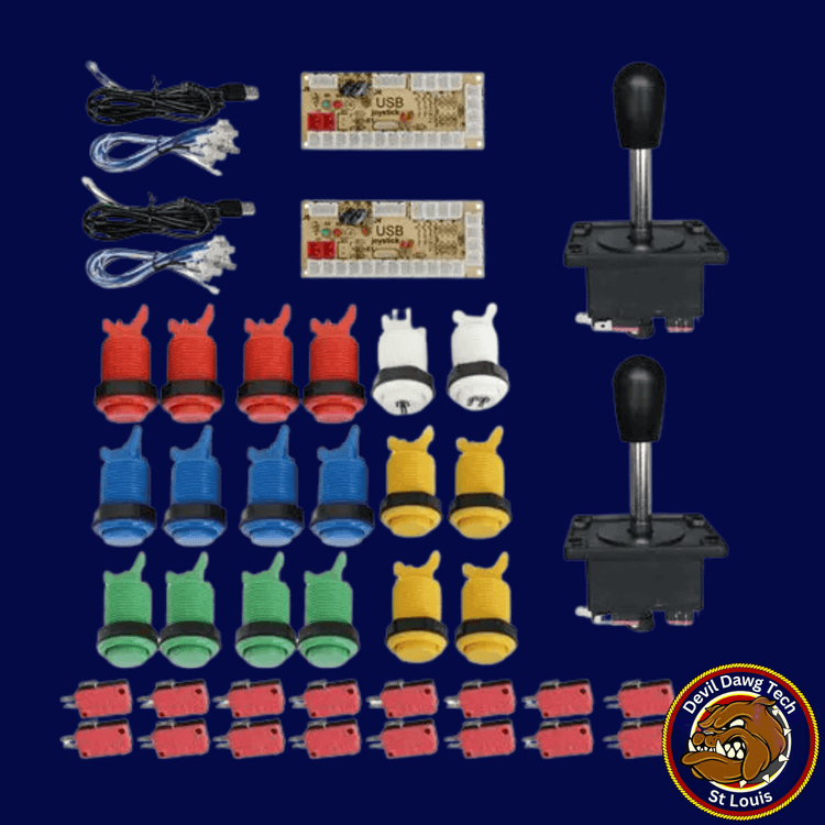 Premium refurbished arcade parts including buttons, joystick, and USB connectors for enhanced gaming experience.