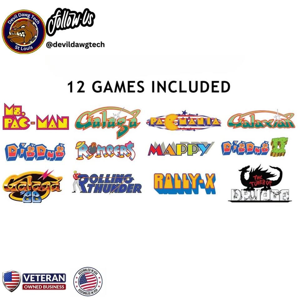 Reconditioned - ARCADE1UP Ms. PAC - MAN / GALAGA Pub Table Arcade Machine 12 Games in 1 logos displayed
