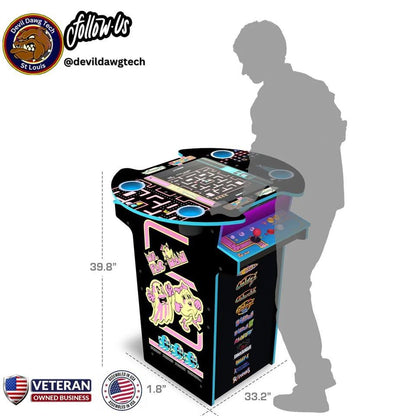 Reconditioned - ARCADE1UP Ms. PAC - MAN / GALAGA Pub Table Arcade Machine 12 Games in 1 with dimensions and a player silhouette.