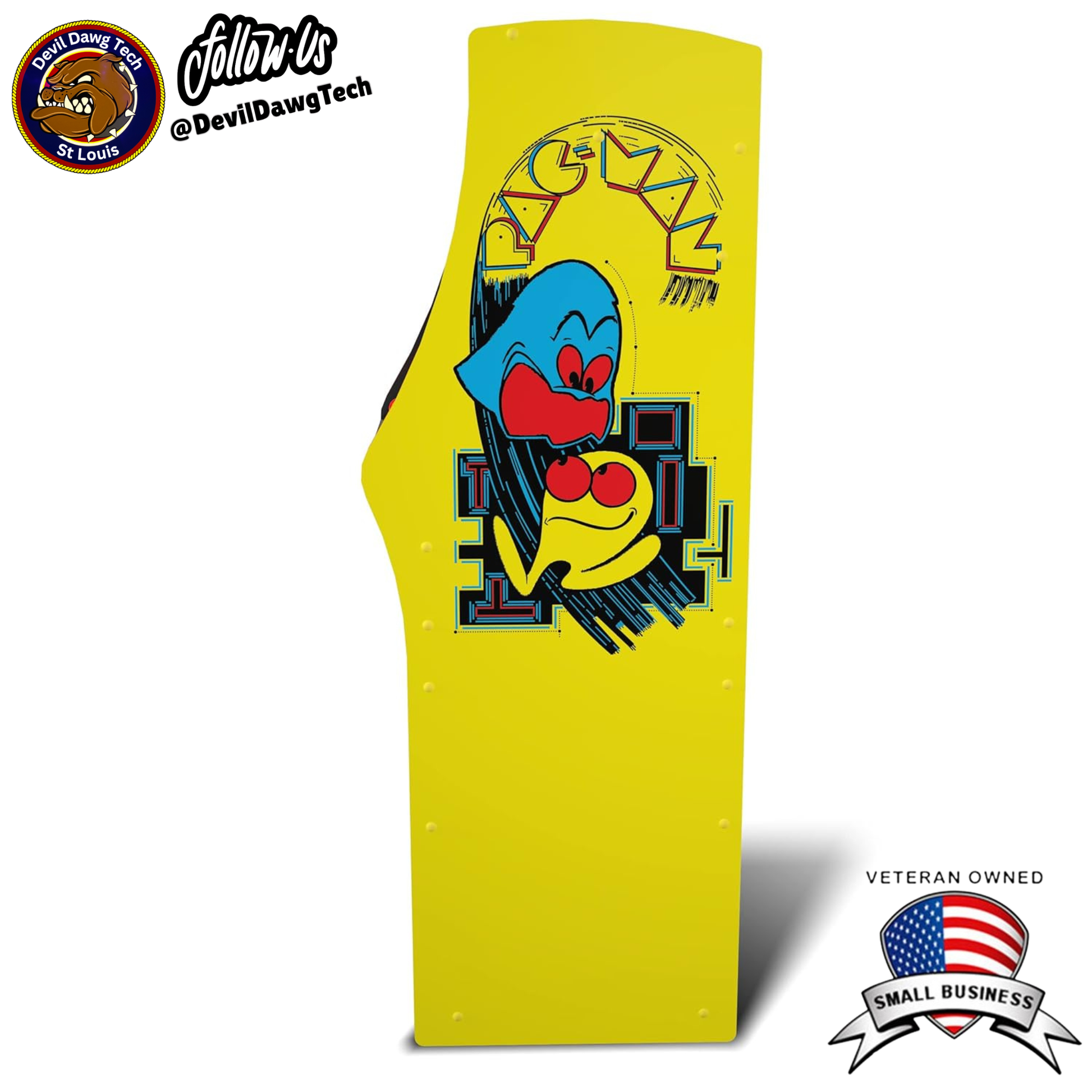 Reconditioned - Arcade1Up PAC-MAN Deluxe Arcade Machine side view, featuring vibrant design and classic gaming nostalgia.