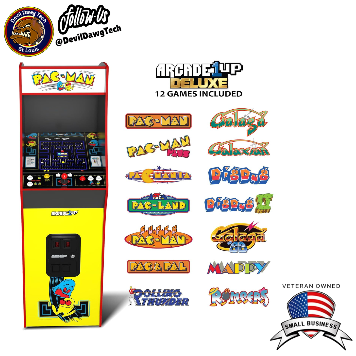 Reconditioned - Arcade1Up PAC-MAN Deluxe Arcade Machine showcasing 12 classic games with bright graphics and vintage cabinet design.