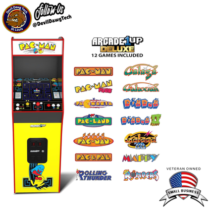 Reconditioned - Arcade1Up PAC-MAN Deluxe Arcade Machine showcasing 12 classic games with bright graphics and vintage cabinet design.
