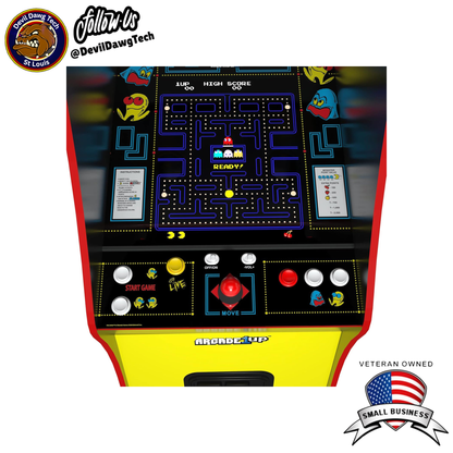 Reconditioned - Arcade1Up PAC-MAN Deluxe Arcade Machine control panel showcasing 14 classic games in vibrant colors.
