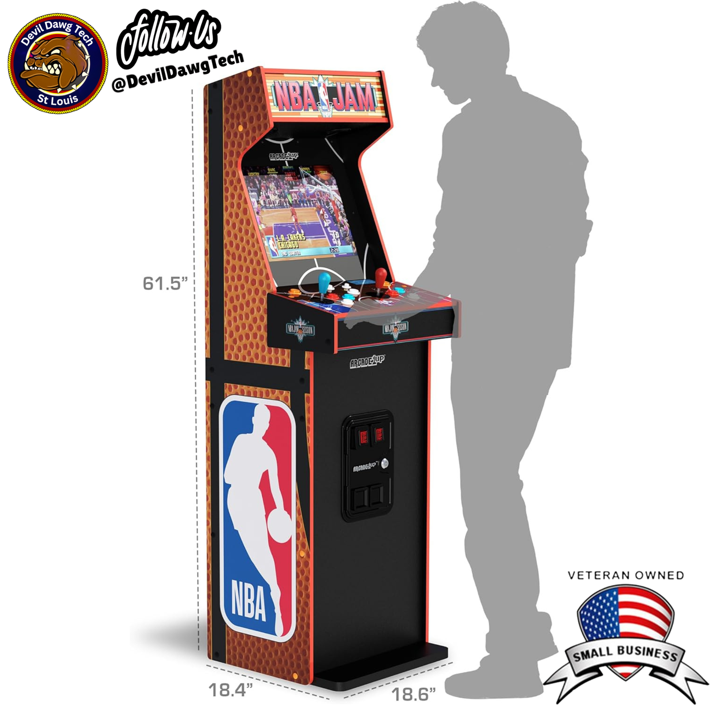Reconditioned - ARCADE1UP NBA Jam Deluxe 2-Player Control Panel Arcade Machine with measurements and silhouette.