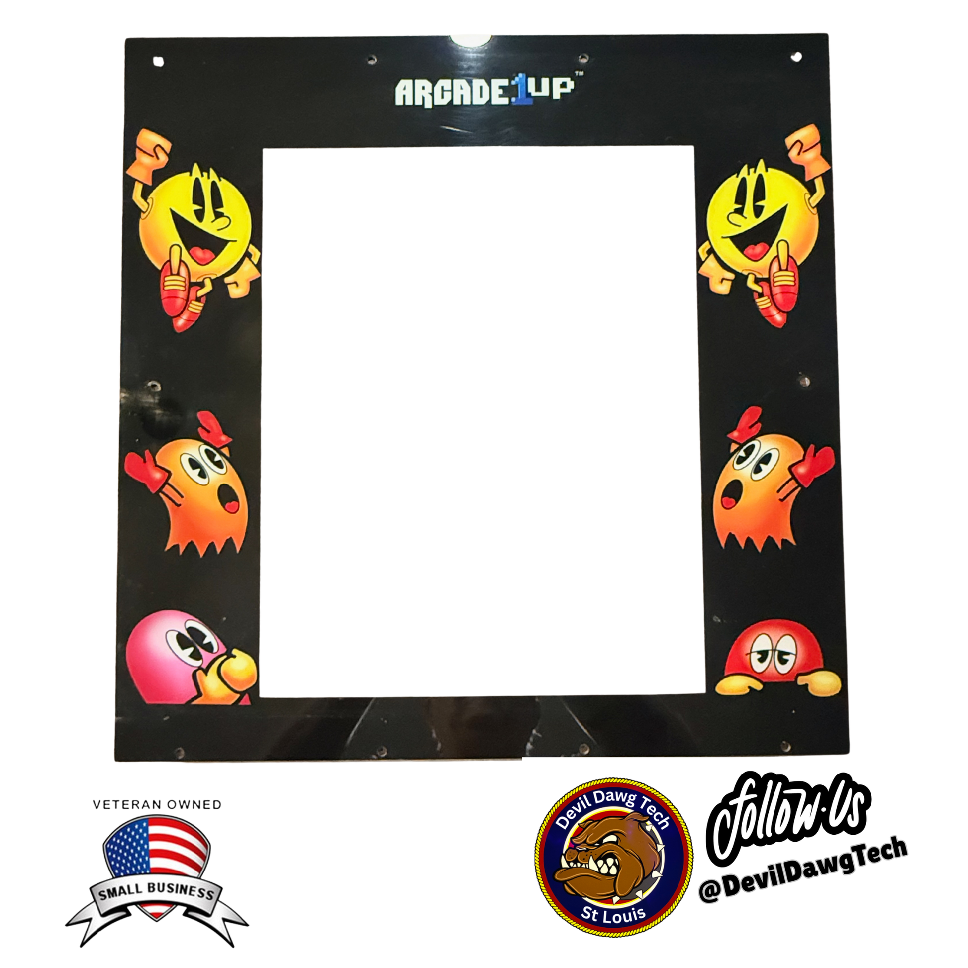 Used PAC-MAN Legacy Edition - Monitor Bezel Frame with colorful characters surrounding the frame for 17-inch LCD.